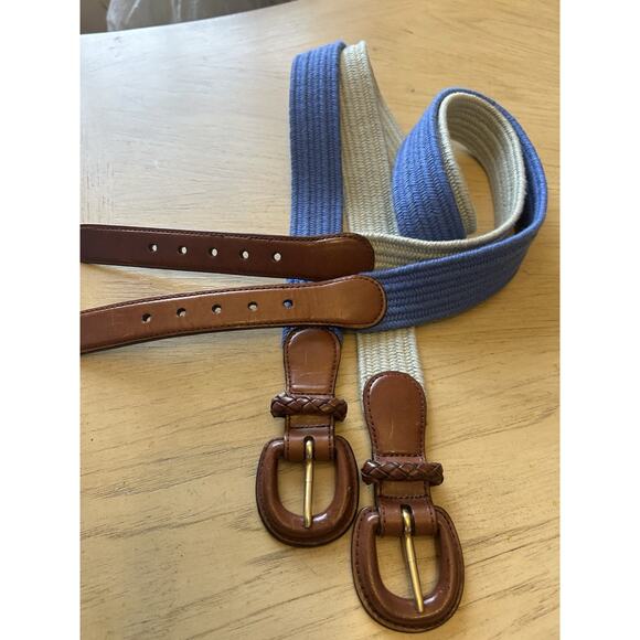 2- Talbots Womens Belt XL Braided Woven Cotton Genuine Leather Buckle Blue Beige - Picture 6 of 9